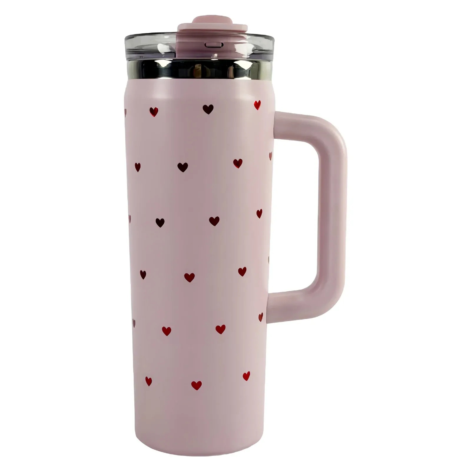 Pink tumbler with side handle and small red heart print, clear lid with pink slider on top