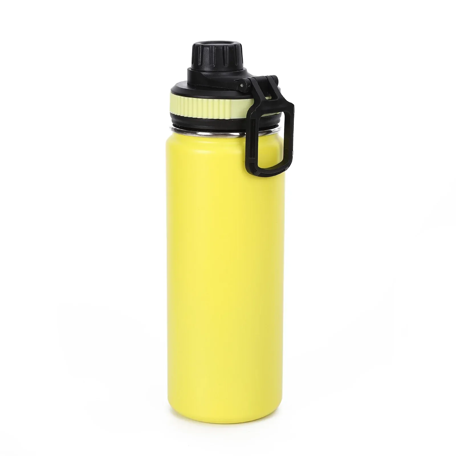 Yellow stainless steel sport water bottle with a black spout cap, mint ribbed collar and black flip handle