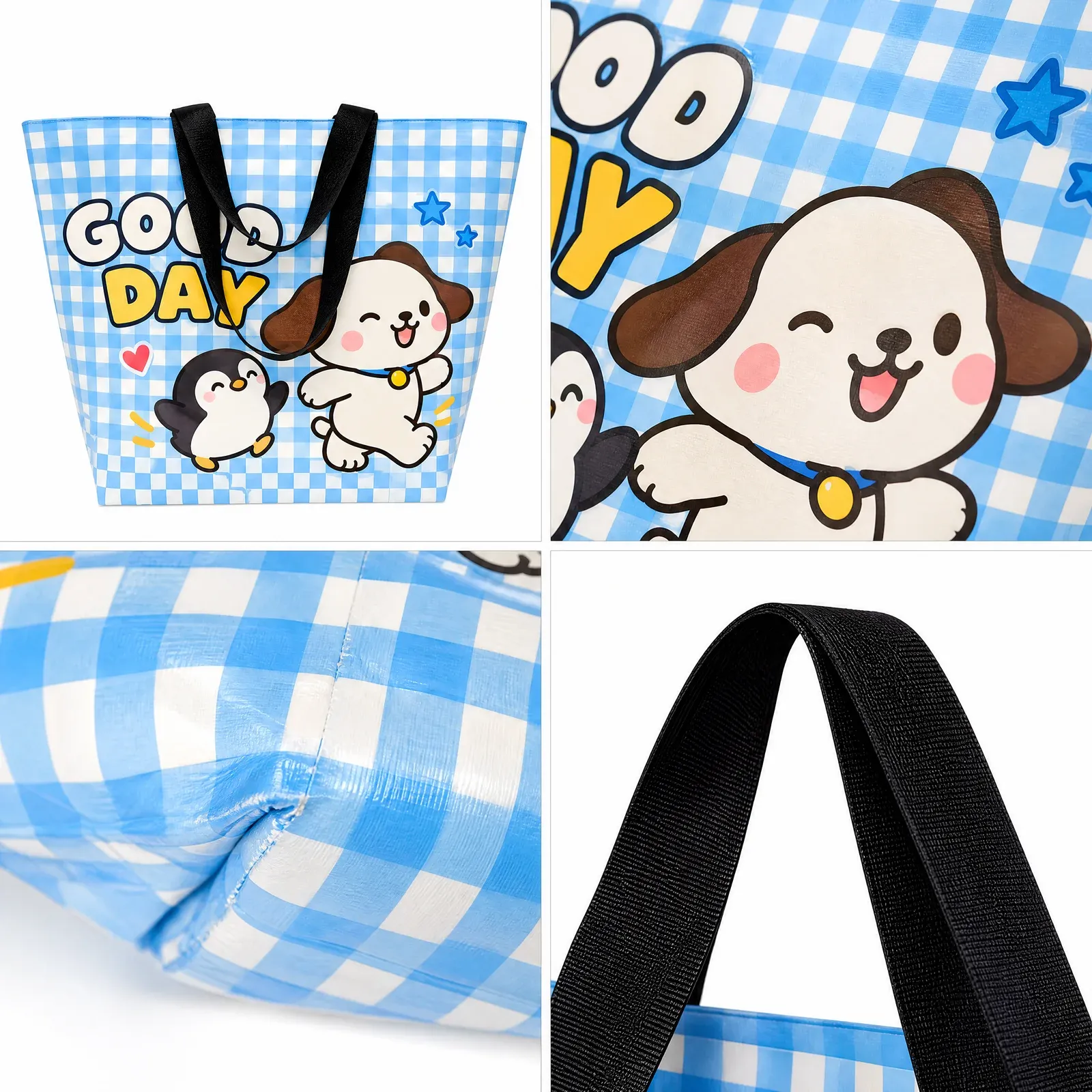 Composite of four detail views of the blue gingham PP woven bag showing cartoon print close-up, base seam and black webbing handles
