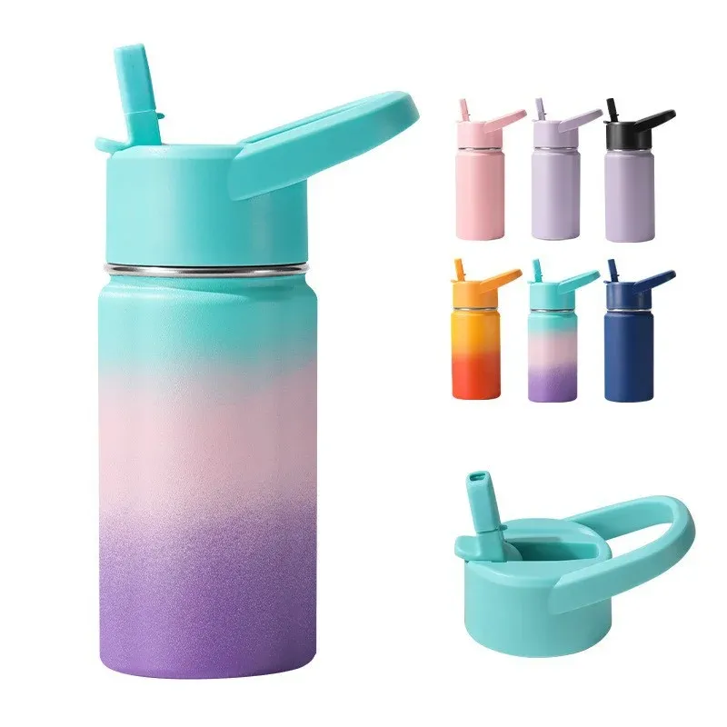 Teal, pink and purple gradient straw water bottle with a teal flip-handle lid, beside a six-colorway lineup and a close-up of the teal straw lid