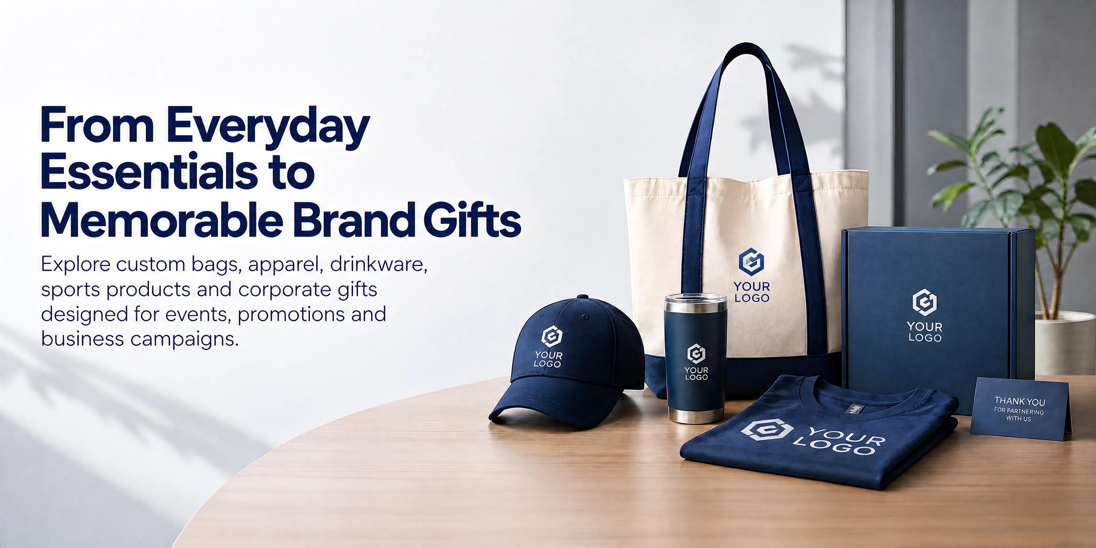 Custom branded merchandise set with tote bag, tumbler, cap and gift box