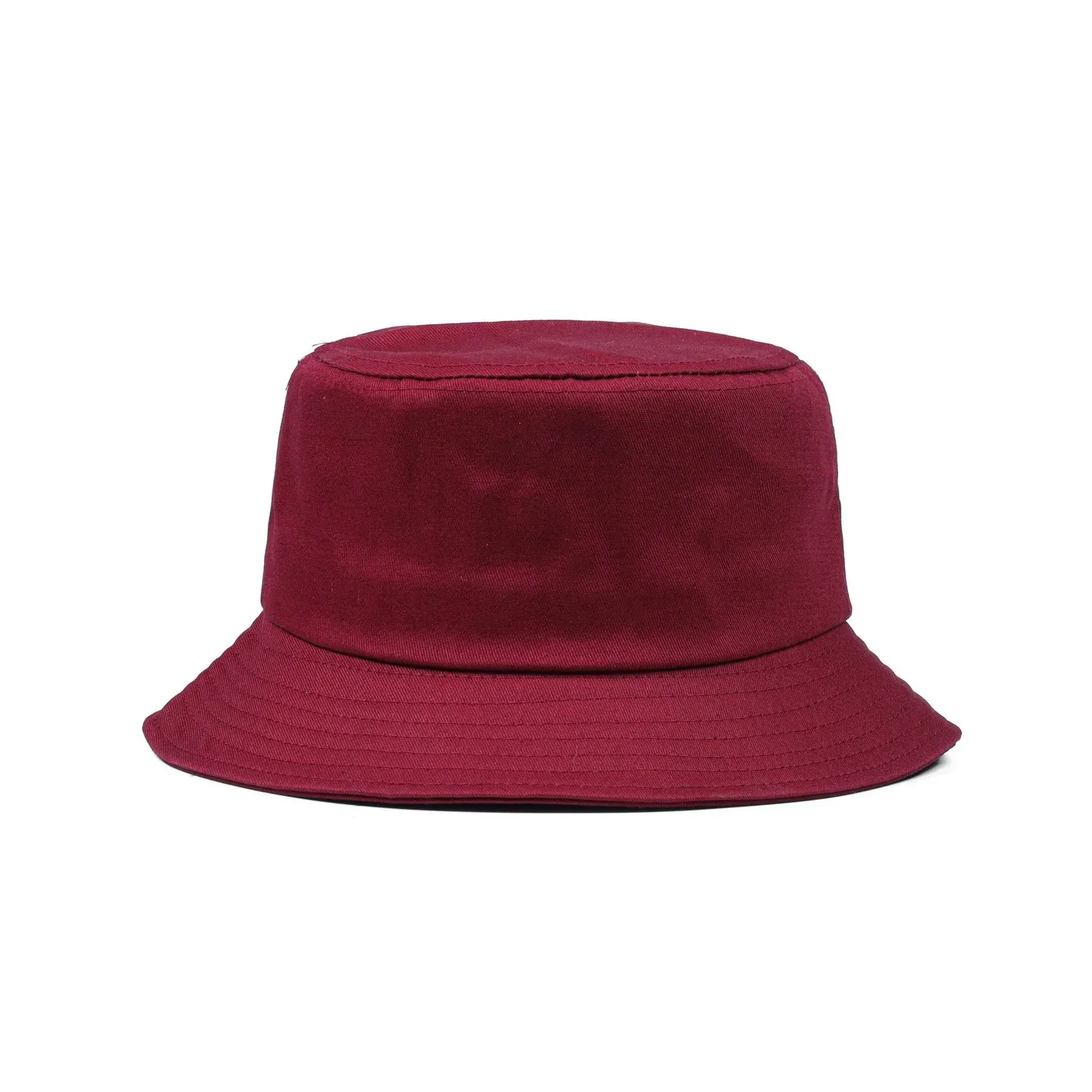 Burgundy cotton bucket hat with unstructured crown and all-around brim, front view on white background