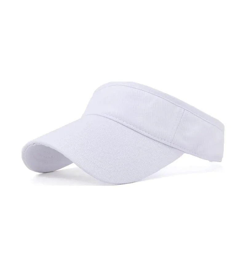 White cotton sports visor with curved brim, side view