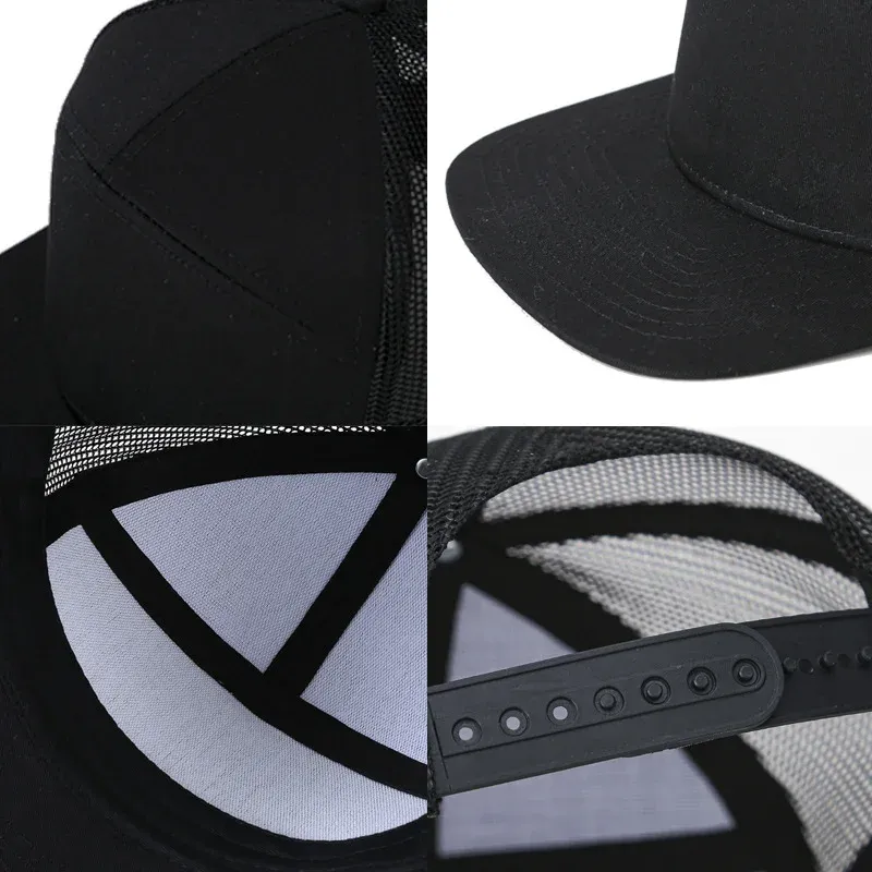 Details of the black flat brim snapback cap: brim stitching, mesh panels and plastic snapback closure