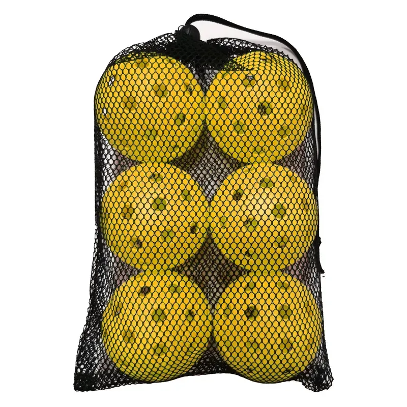 Mesh bag filled with six yellow TPE pickleballs