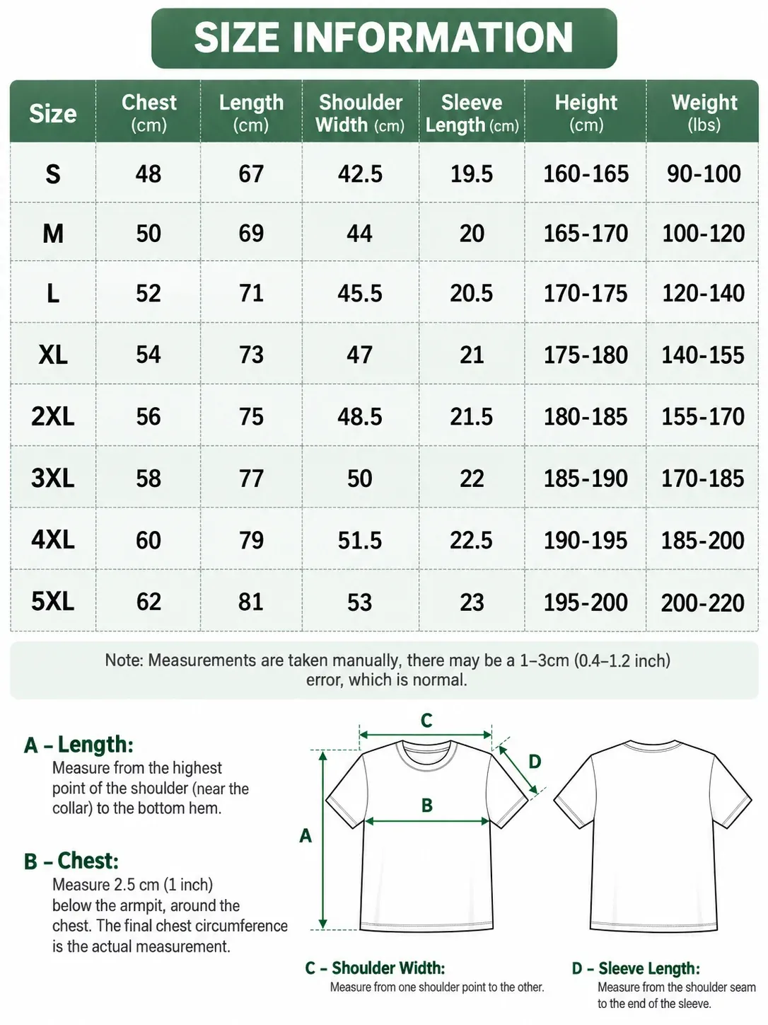 Size information chart for the drop shoulder t-shirt, S to 5XL