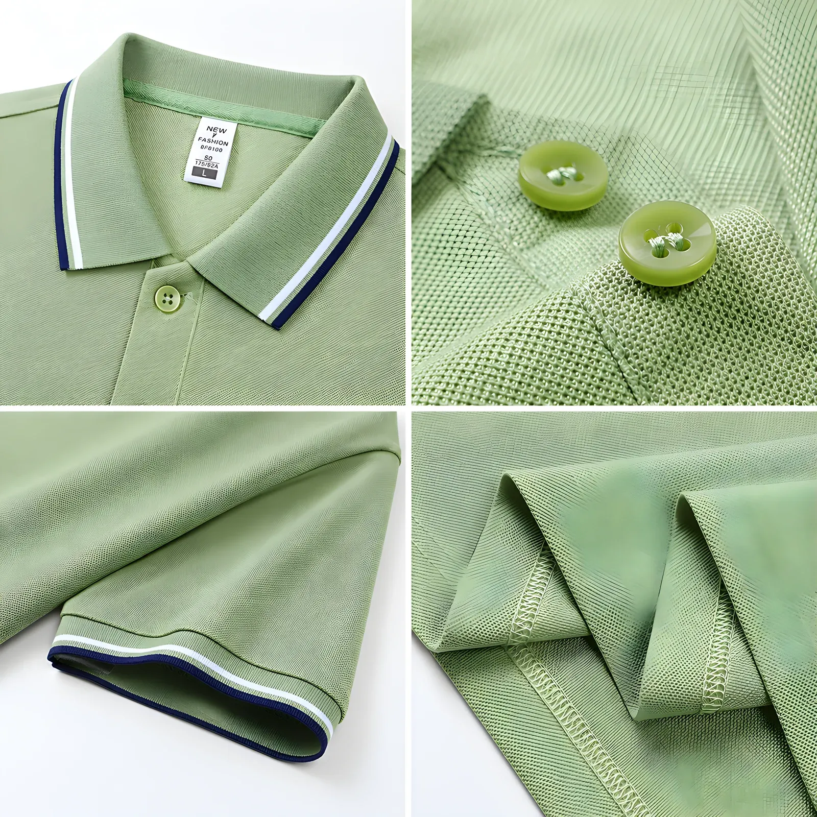 Detail collage of green contrast tipping polo shirt showing collar tipping, buttons, sleeve cuff and pique fabric
