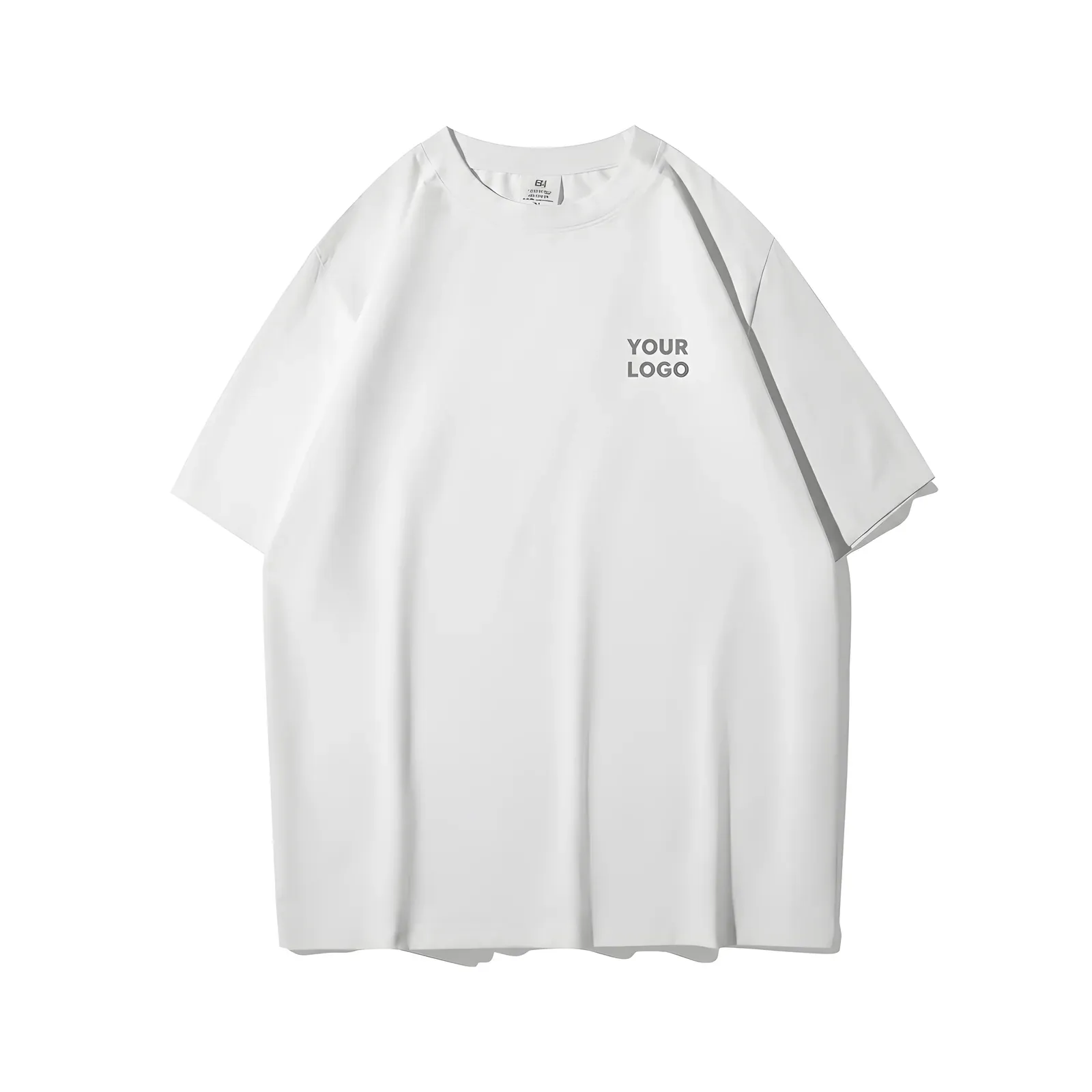 White drop shoulder t-shirt with printed YOUR LOGO chest text, front view
