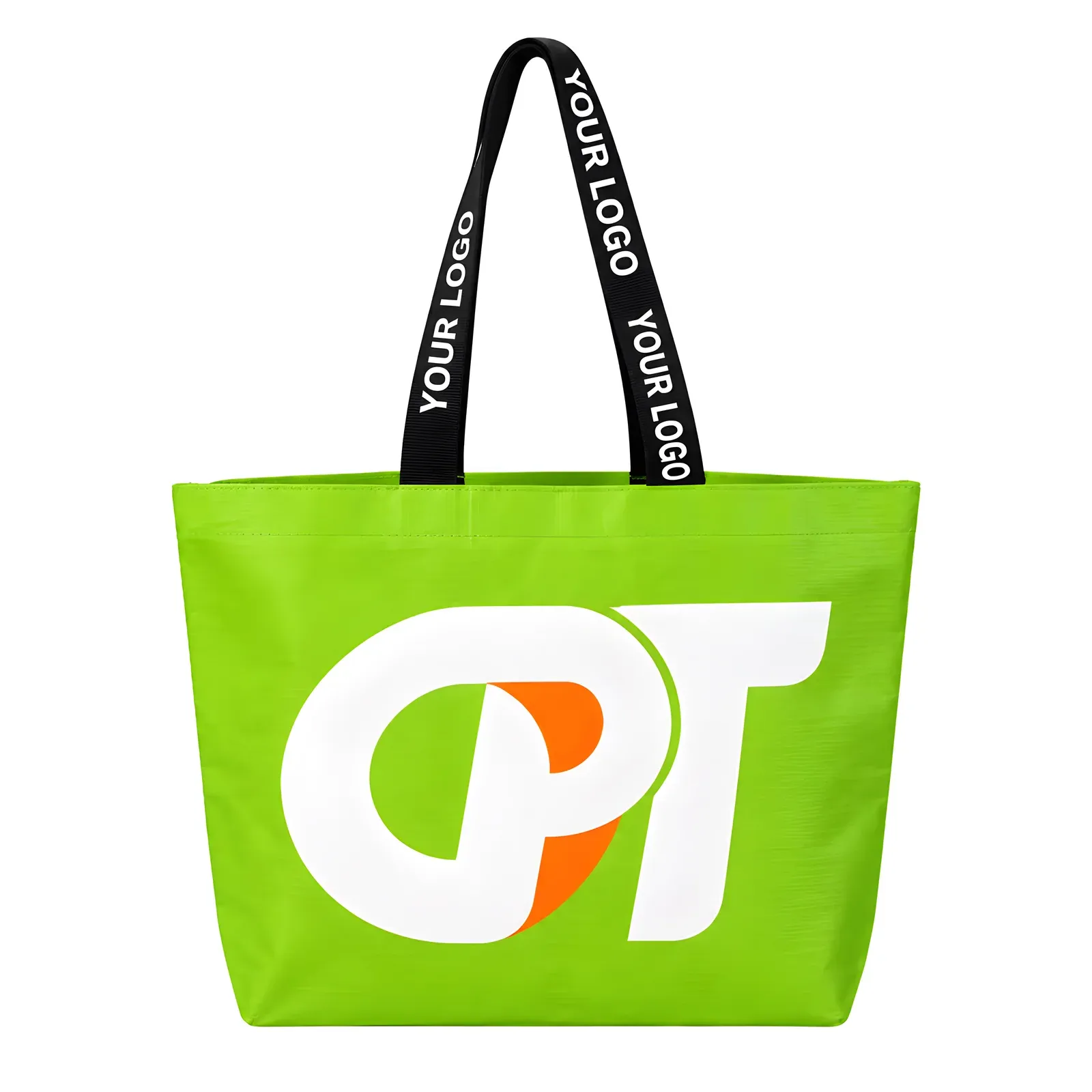 Lime green PP woven tote bag with long black Your Logo webbing handles and large white and orange demo logo print
