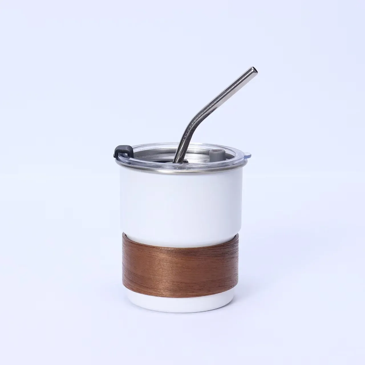 Army green tumbler with straw and wood-grain sleeve product view 2