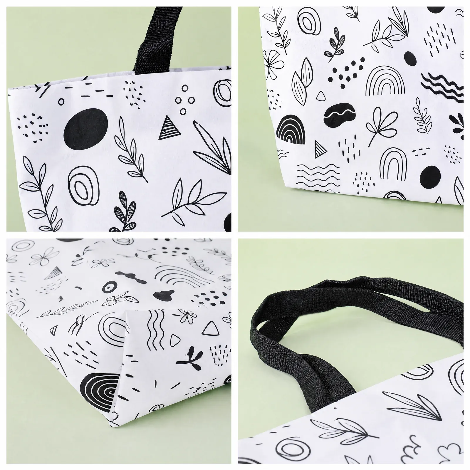Composite of four detail views of the white doodle print RPET tote: handle attachment, print close-up, bottom gusset and black webbing handle