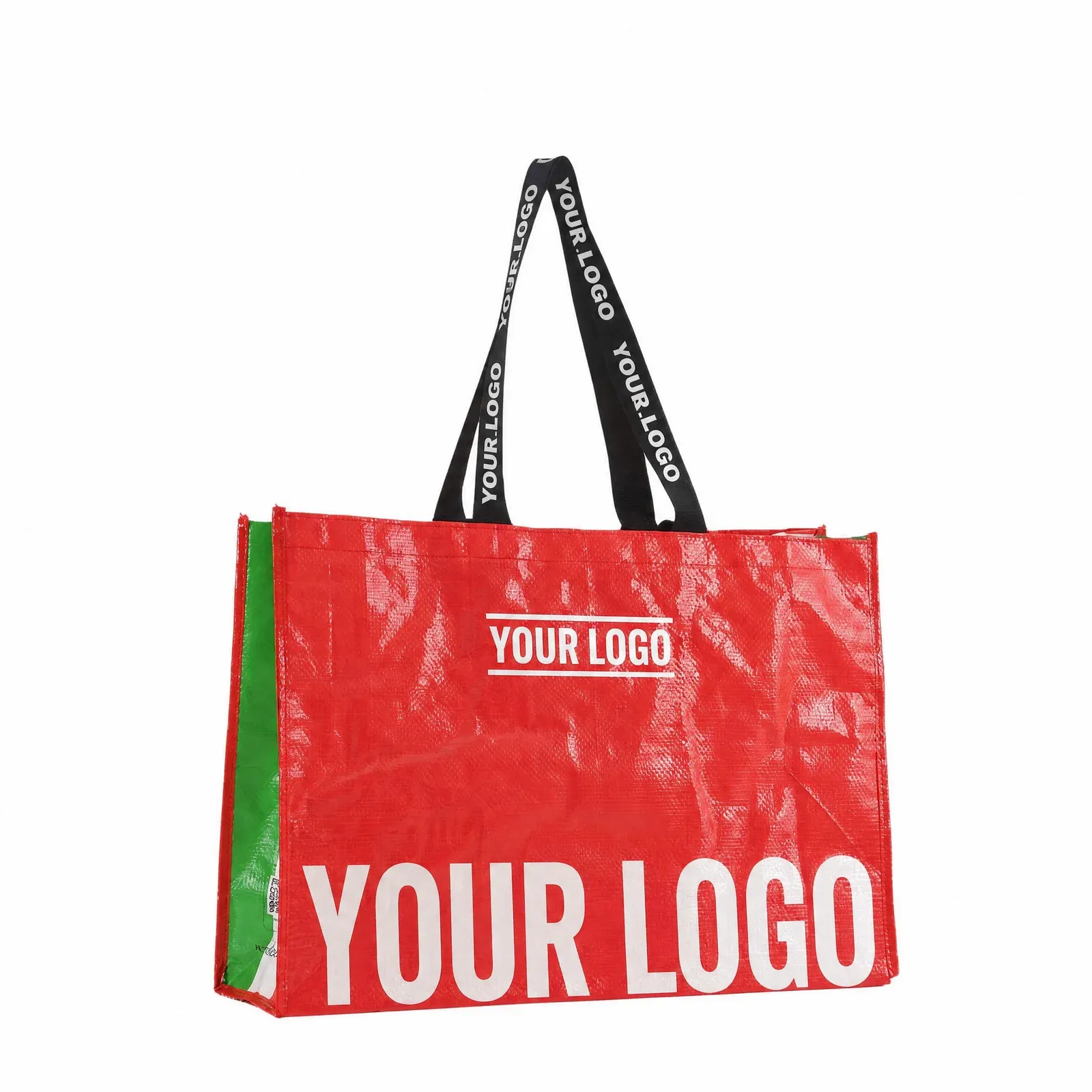 Red laminated PP woven shopping bag with green side gusset, white Your Logo placeholder print and long black logo webbing handles