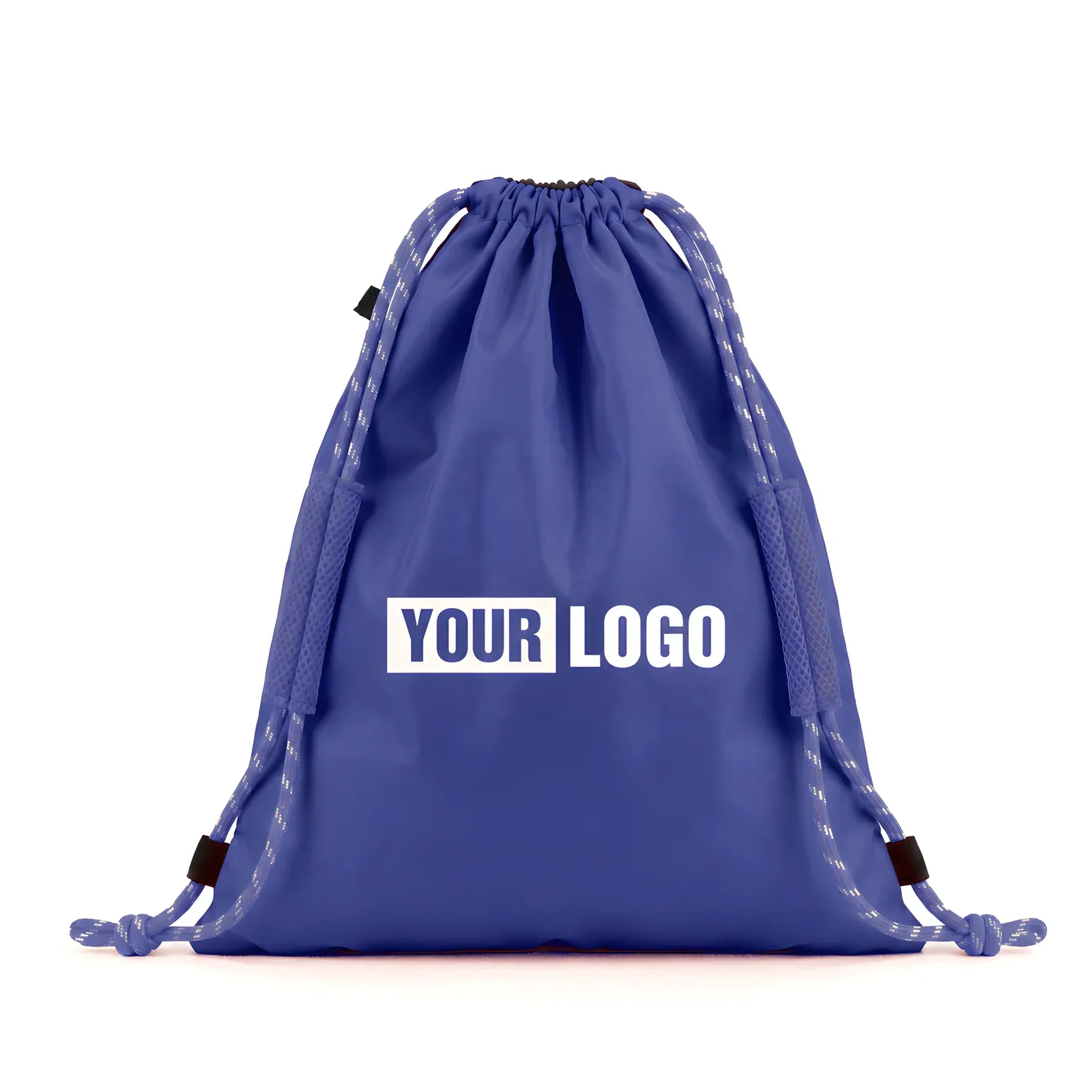 Royal blue nylon drawstring backpack with padded mesh shoulder straps and YOUR LOGO print, front view
