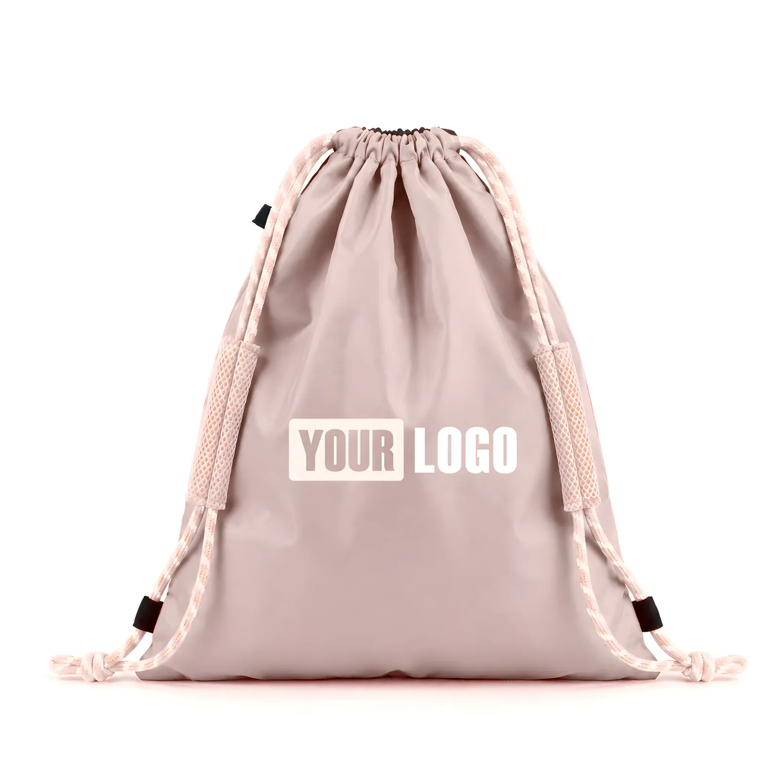 Dusty pink nylon drawstring backpack with padded mesh shoulder straps and YOUR LOGO print, front view