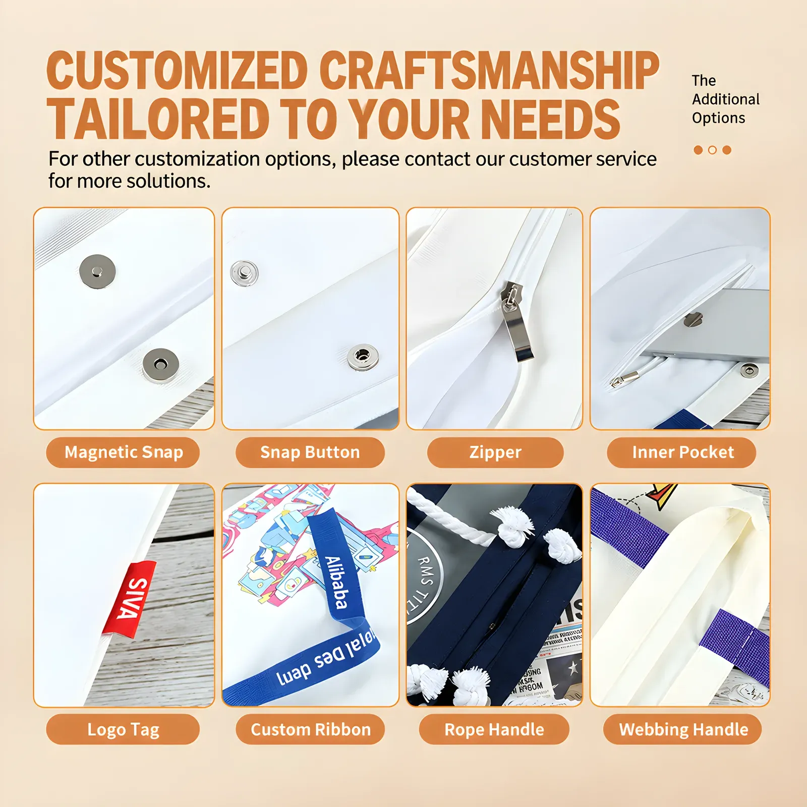 Craftsmanship options infographic showing tote add-on choices: magnetic snap, snap button, zipper, inner pocket, logo tag, custom ribbon, rope handle and webbing handle