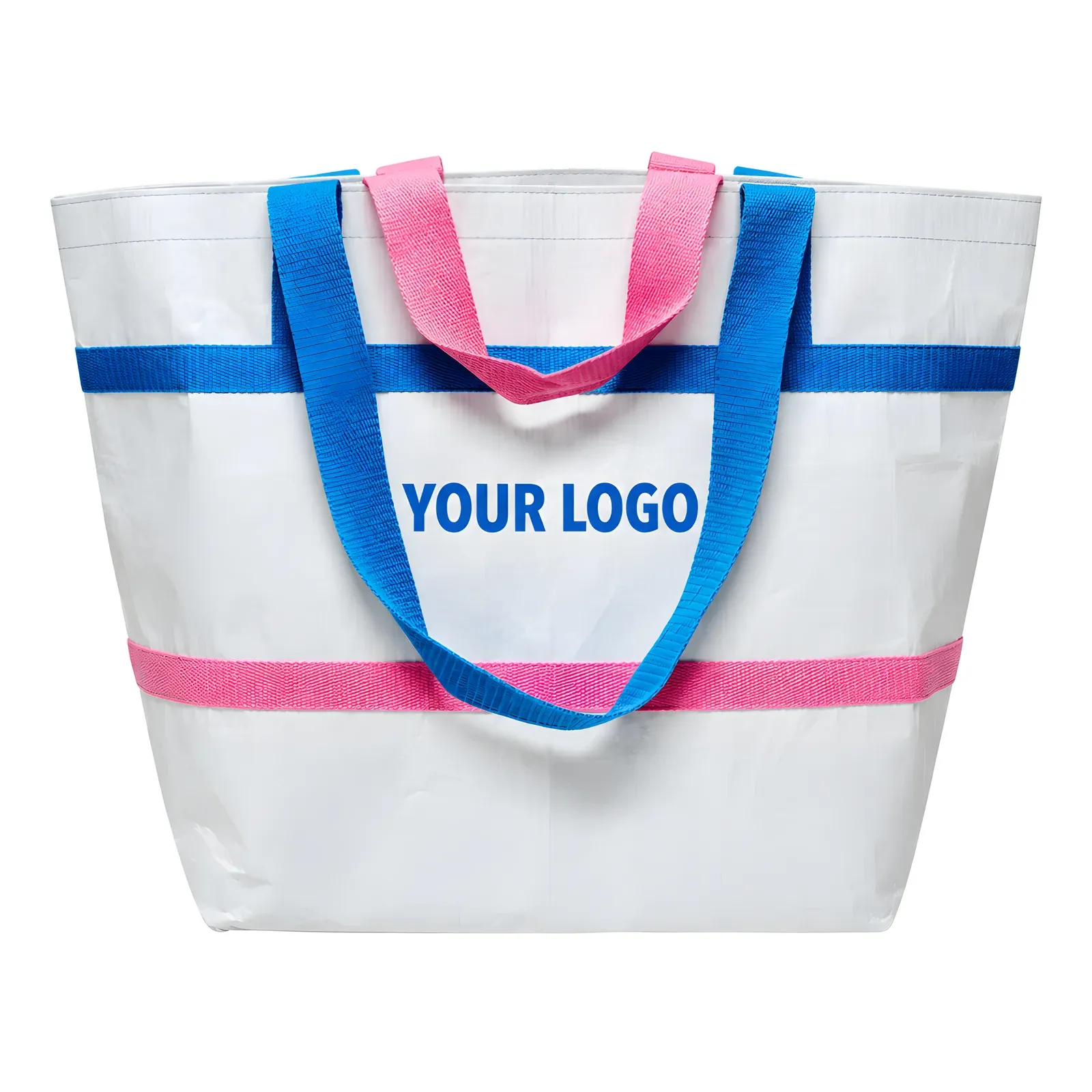 Large white RPET tote with blue and pink contrast webbing trim and blue logo print, front view