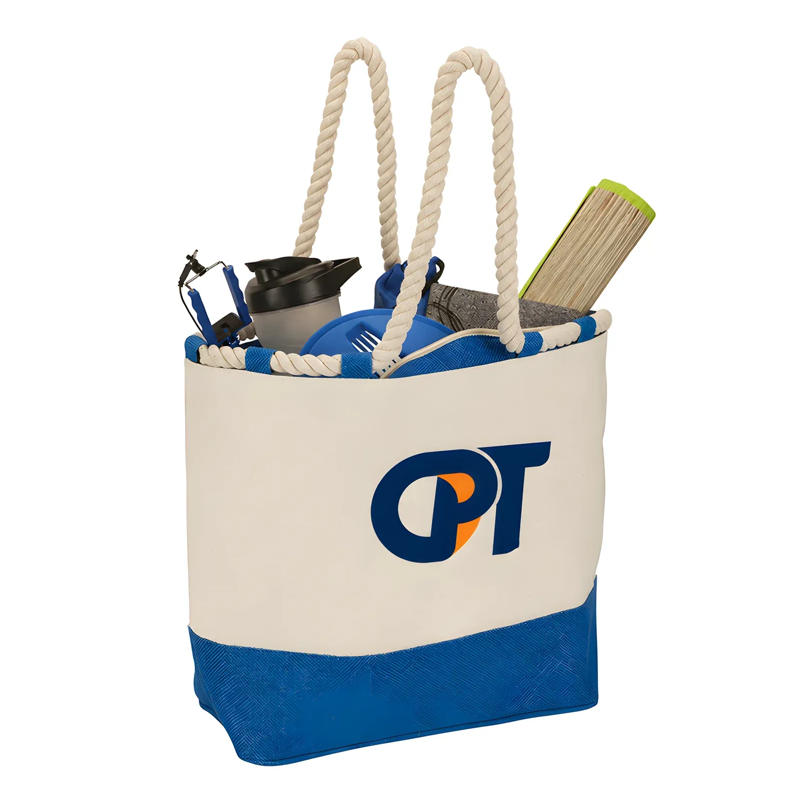 Cream boat tote with rope handles and a blue contrast base filled with a bottle, towel and beach items, OPT logo on the front
