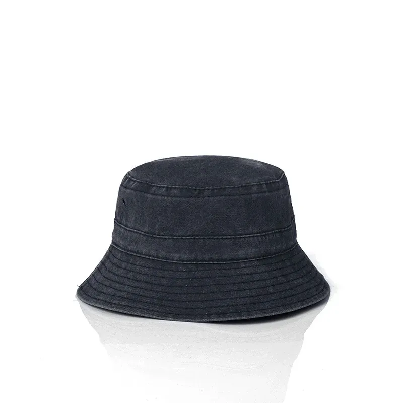 Dark grey washed denim bucket hat with stitched brim and washed texture, front view