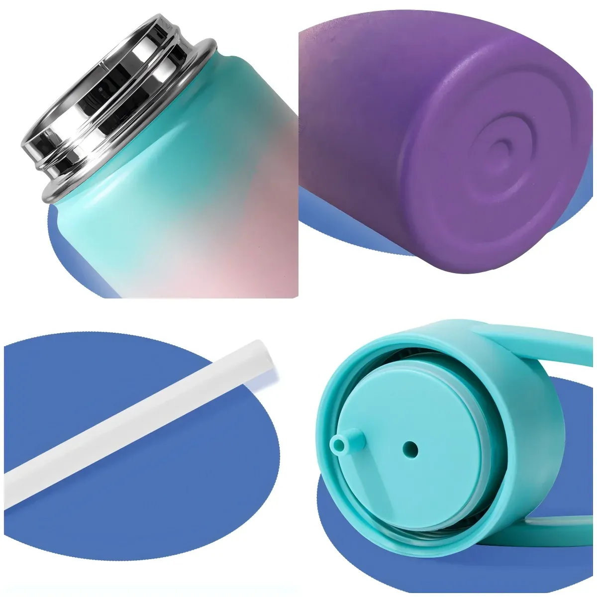 Four detail views of the gradient straw bottle: threaded stainless steel neck, purple bottle base with silicone pad, white straw, and teal lid underside with straw port and vent hole