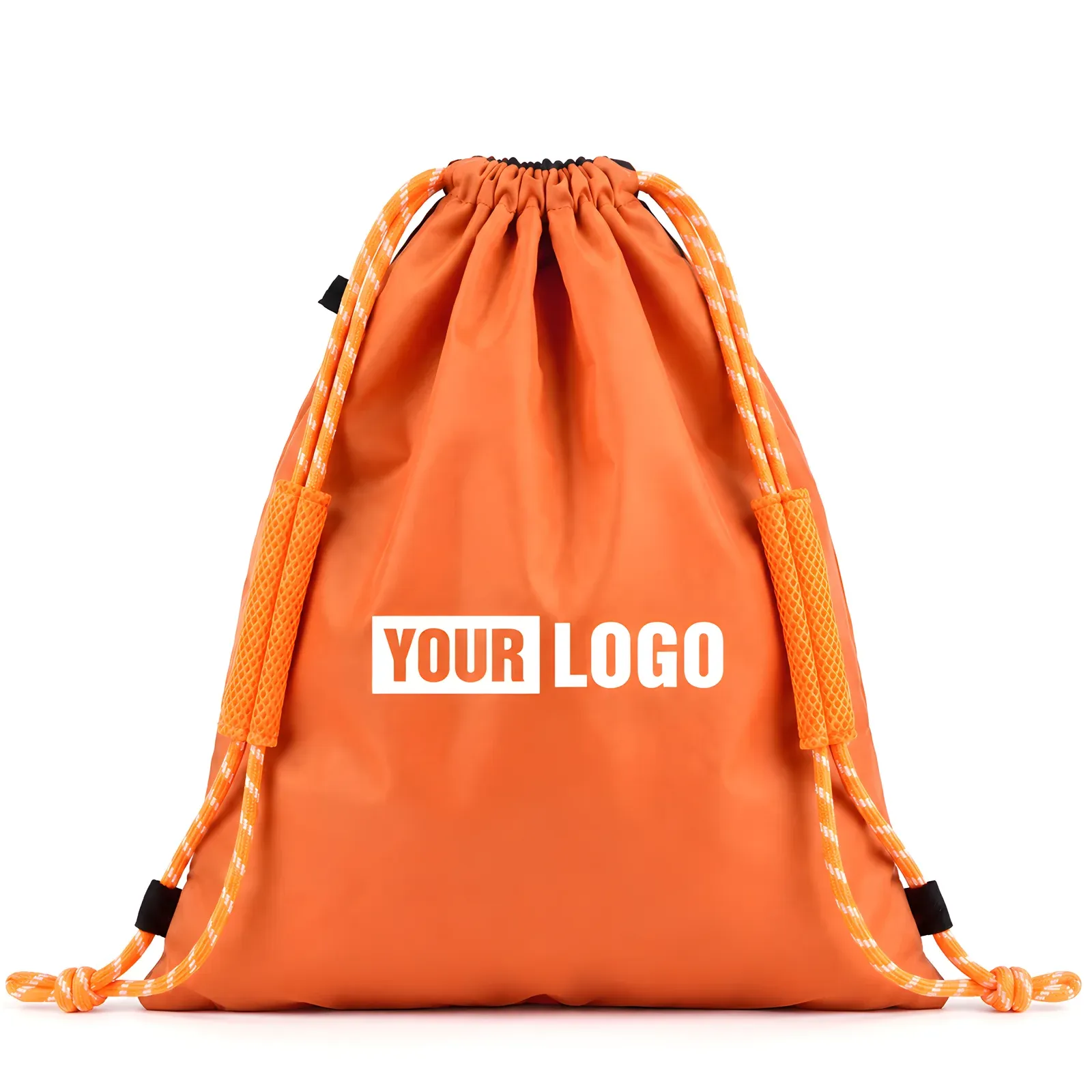 Orange nylon drawstring backpack with padded mesh shoulder straps, black cord locks and YOUR LOGO print, front view