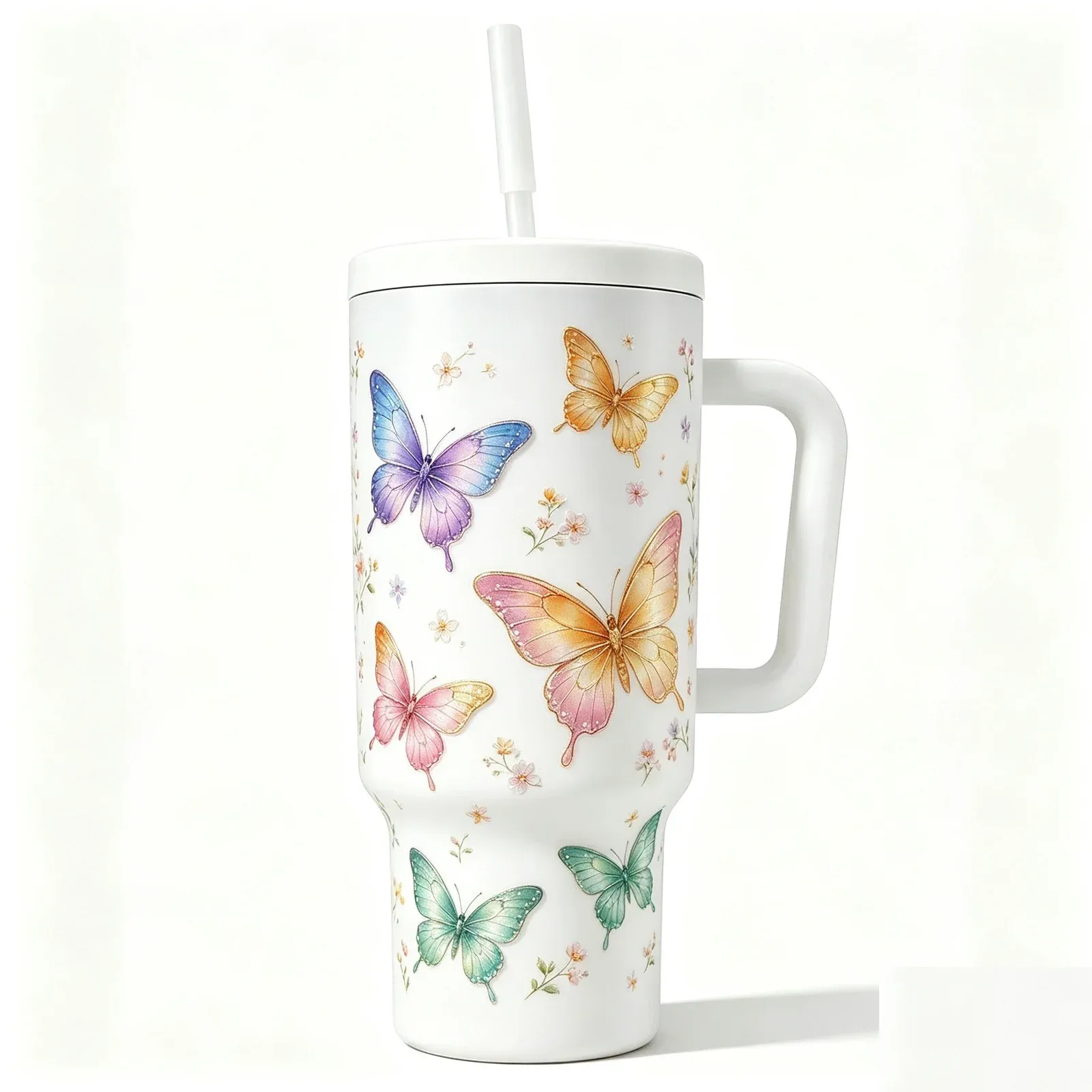 White 40oz handled straw tumbler with butterfly print