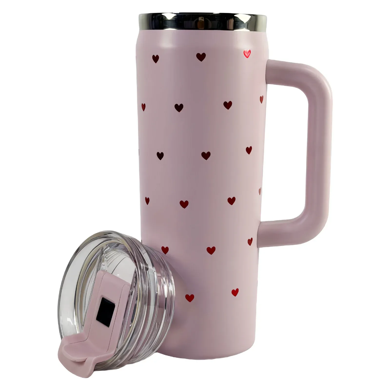Pink tumbler with side handle and small red heart print, clear lid with pink slider leaning against the body