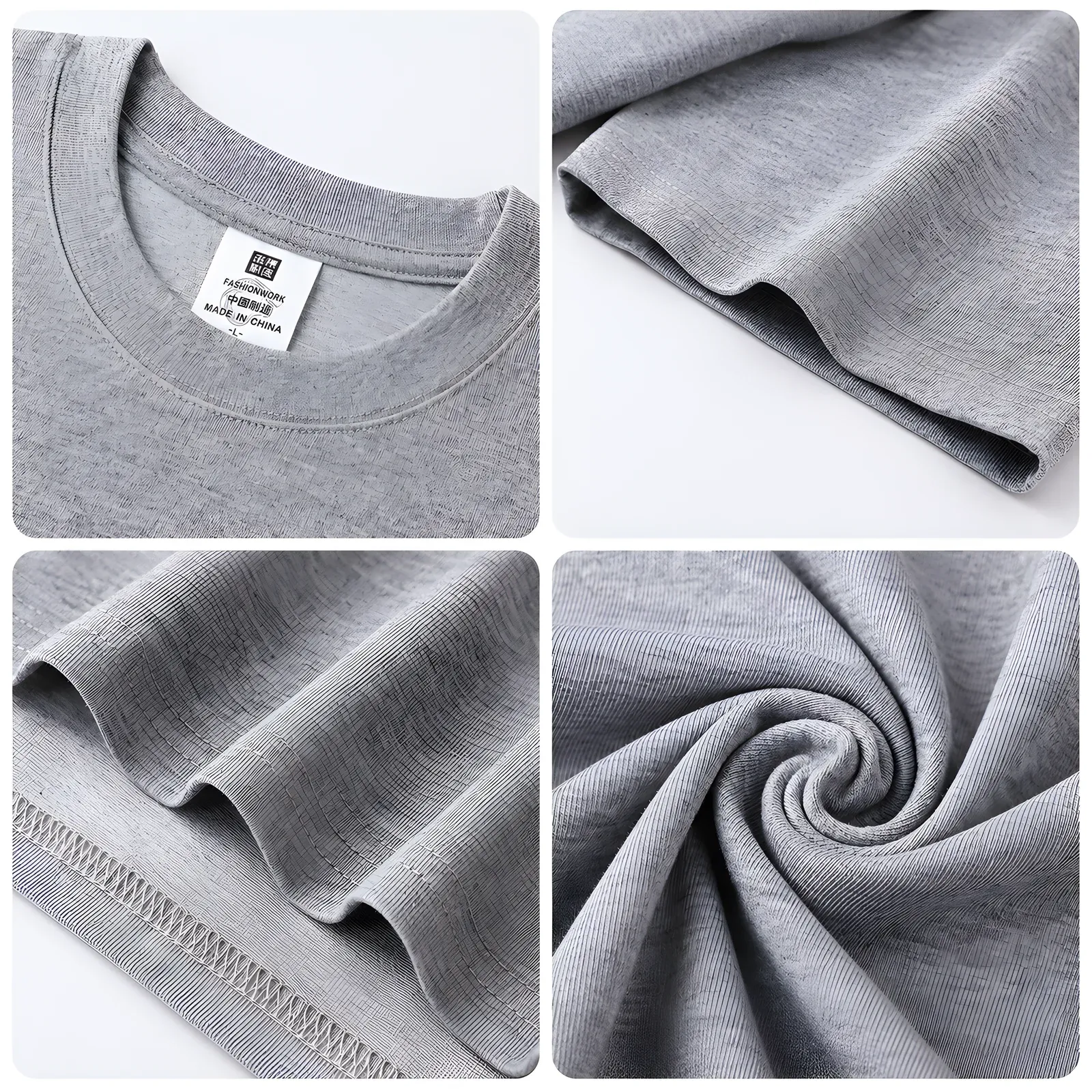 Close-up fabric details: neck label, hem and stitching (grey sample)