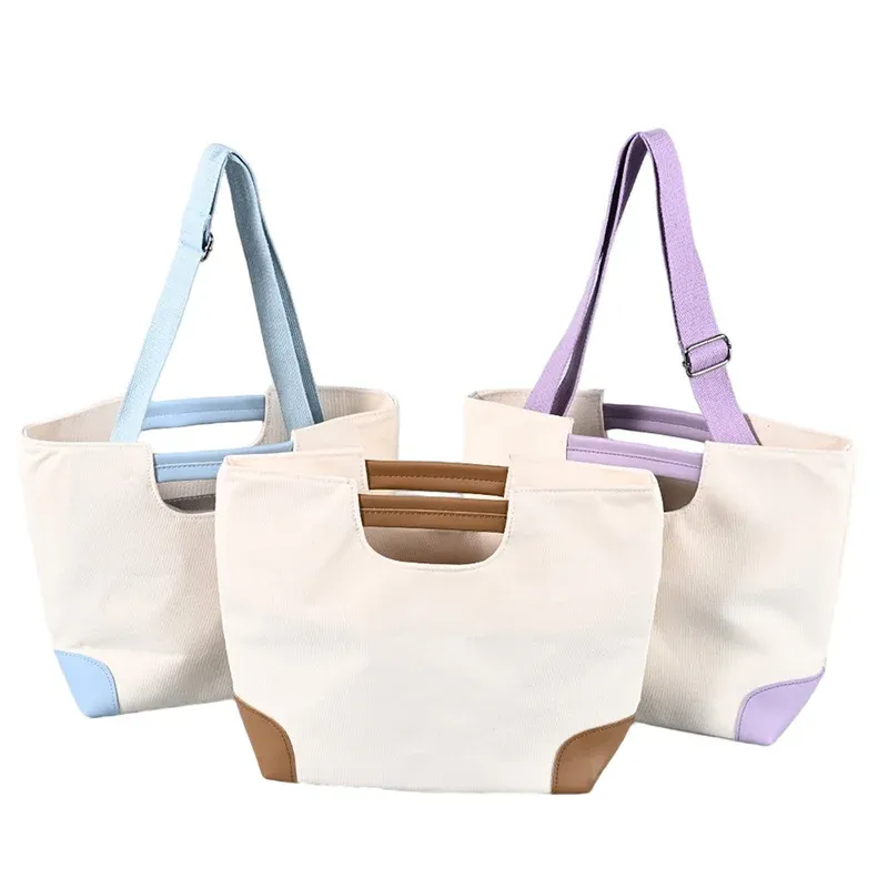 Three cream canvas lunch-style totes with light blue, brown and purple trim, two versions shown with shoulder straps and metal buckle adjusters