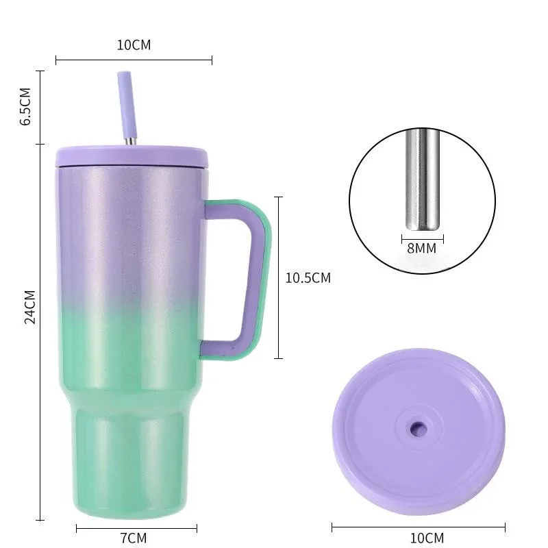 Size chart of the handled straw tumbler annotated 10 cm top diameter and 24 cm height