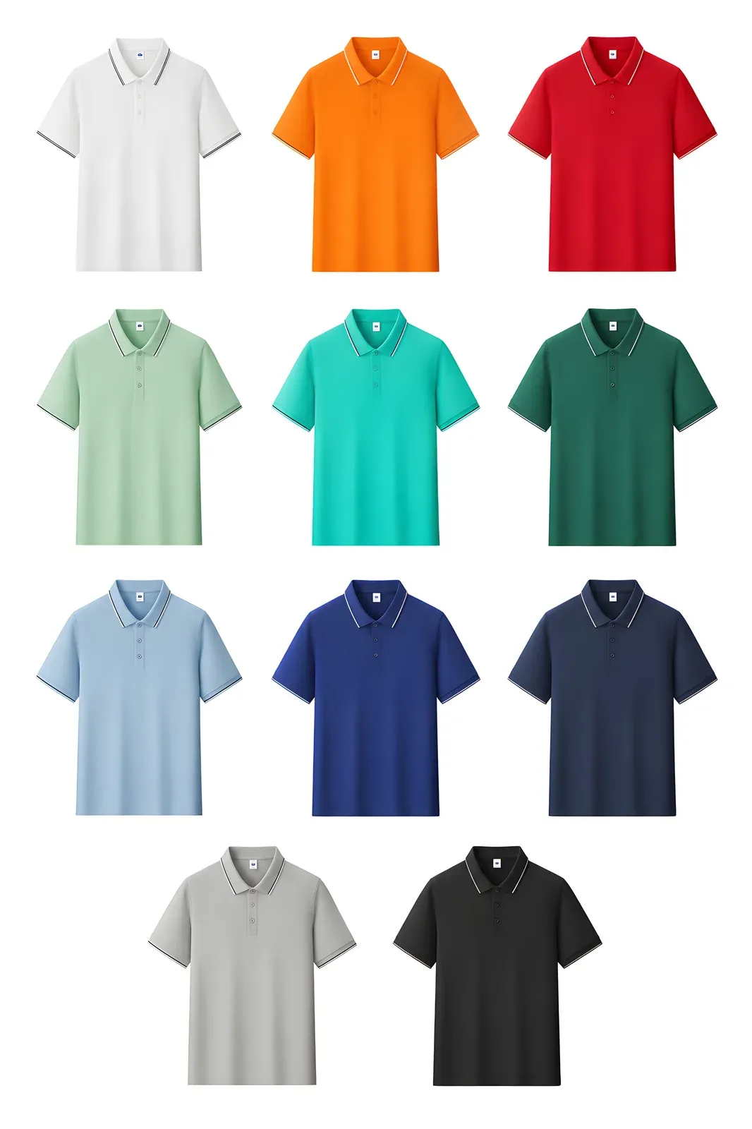 Color options lineup of contrast tipping polo shirts in 11 colors