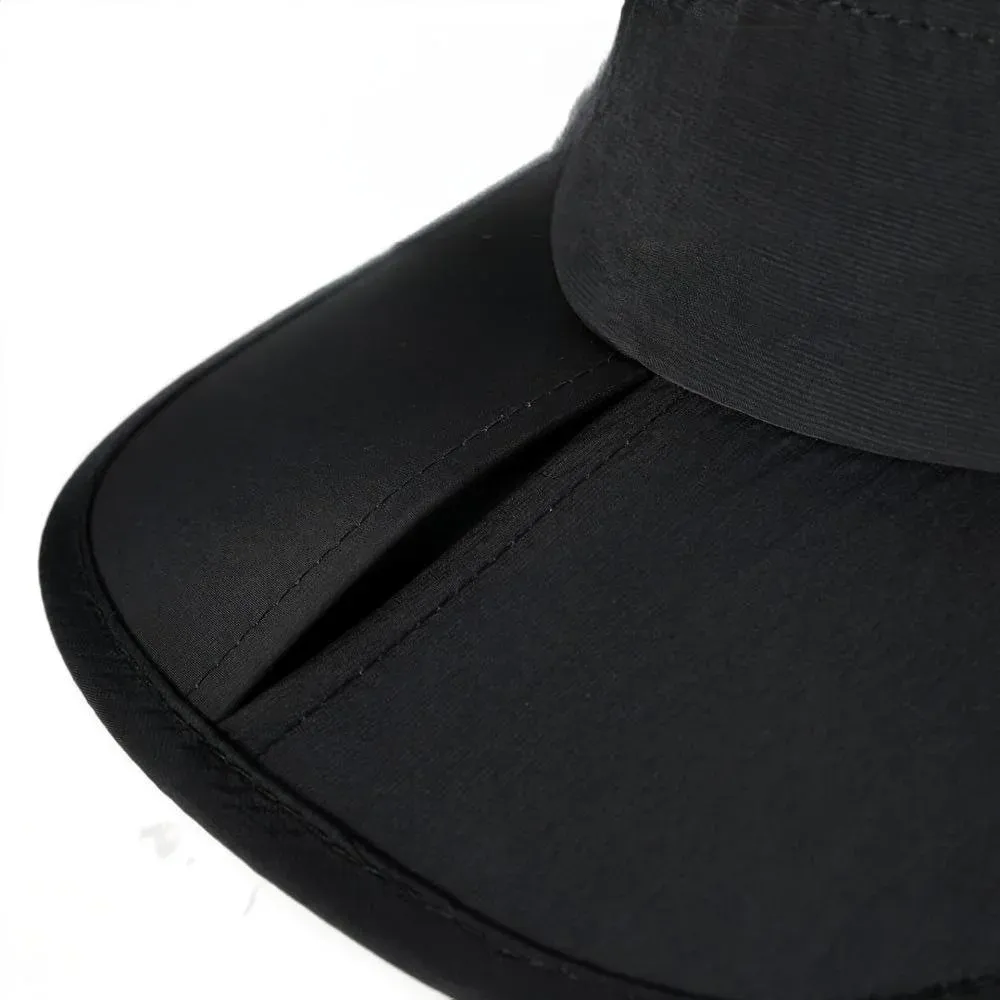 Close-up of brim stitching on the black nylon running visor