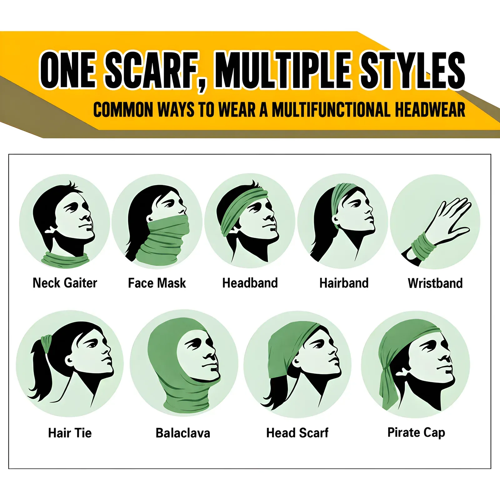 Magic head scarf product information card
