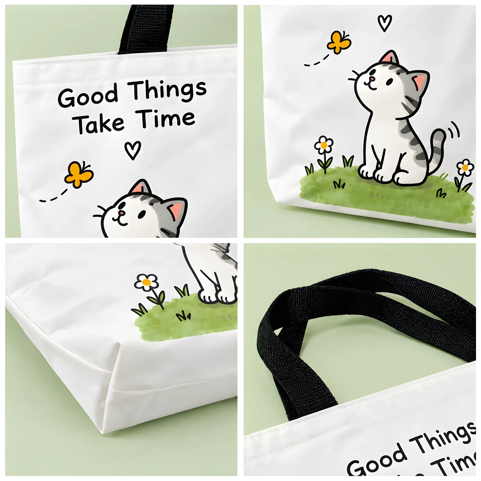 Composite of four detail views of the tabby cat print RPET tote: slogan text, cat close-up, boxed base and black webbing handles