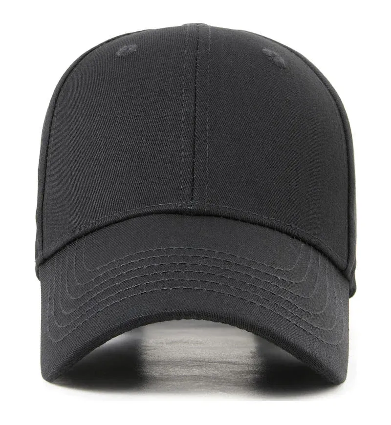 Plain black structured cotton twill baseball cap with curved brim, straight-on front view