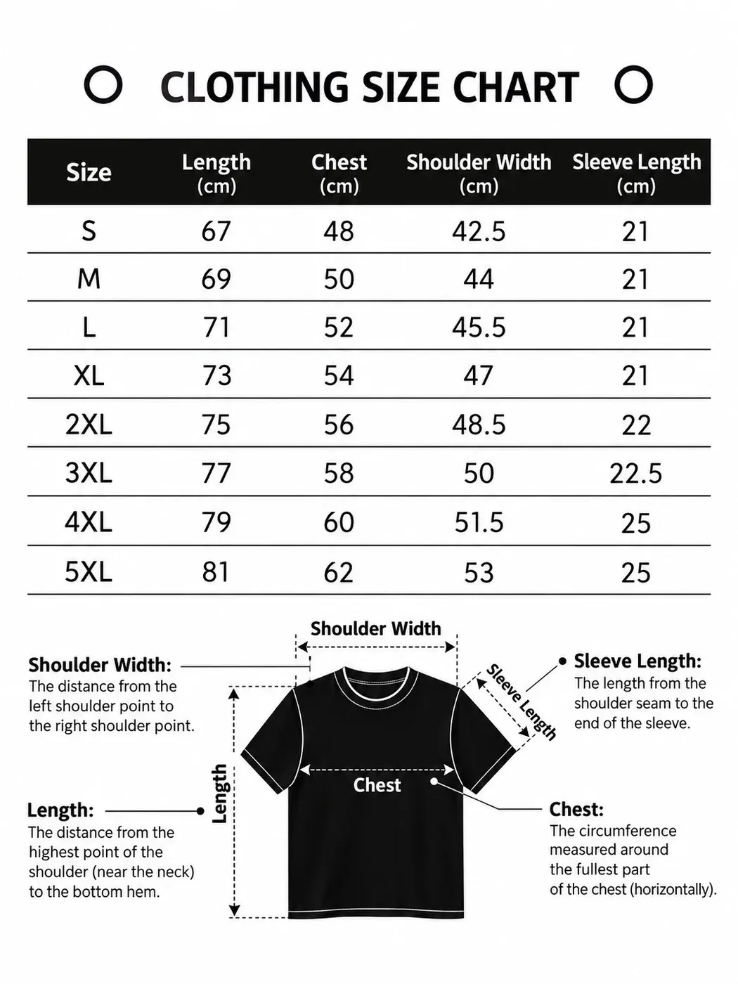 Size chart for sage green crew neck t-shirt