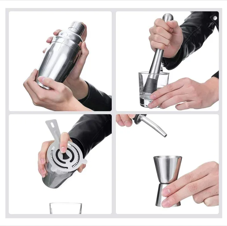 Four-photo collage showing the cocktail shaker in use with a muddler, a strainer and a jigger