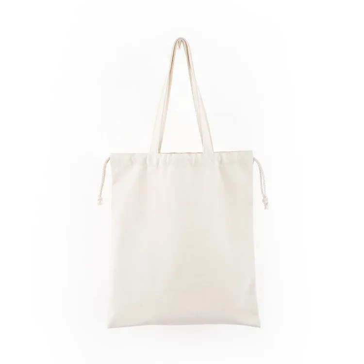 Natural off-white 12oz canvas drawstring tote with side carry handles and drawstring closure, front view