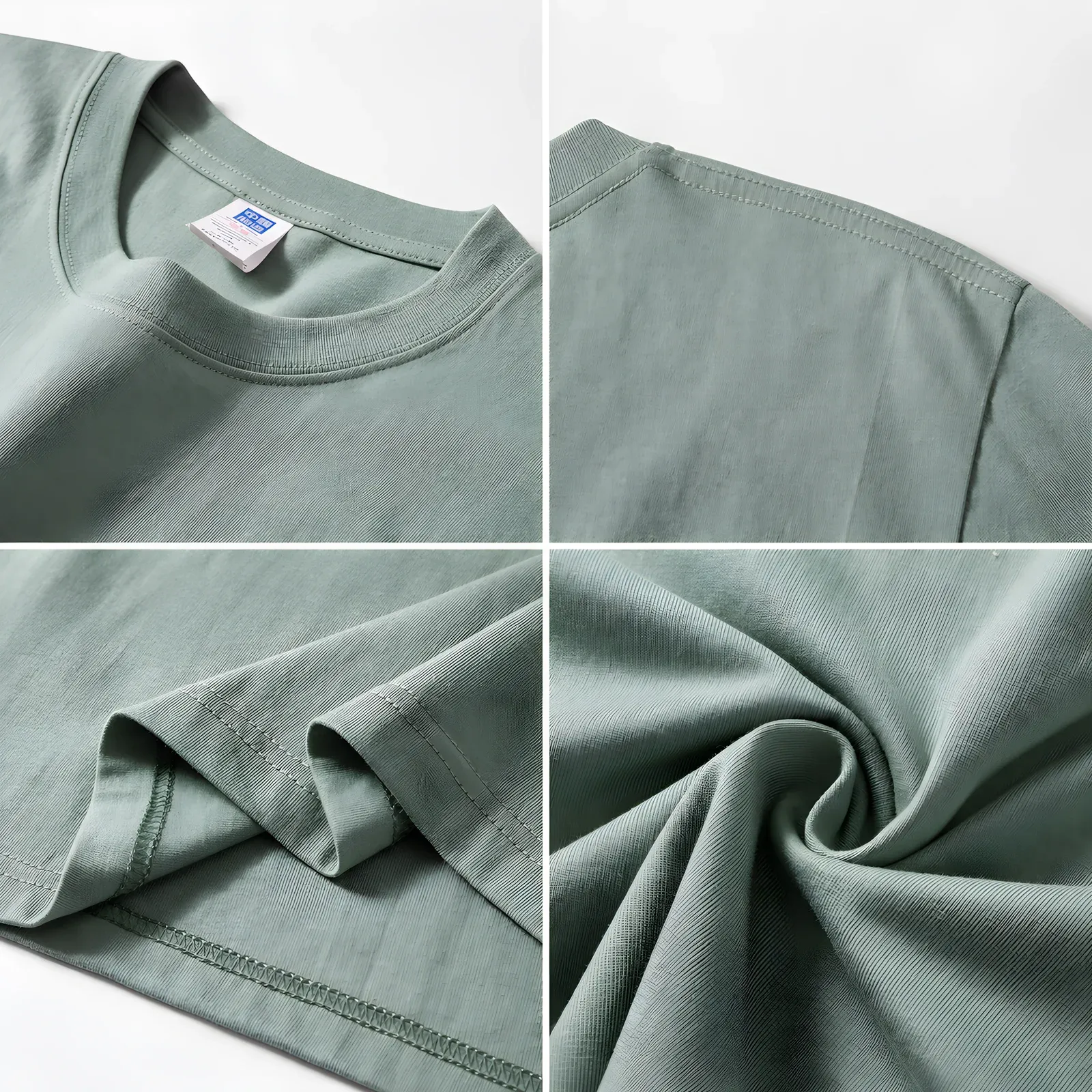 Detail collage of the sage green drop shoulder t-shirt: collar, shoulder, hem and fabric