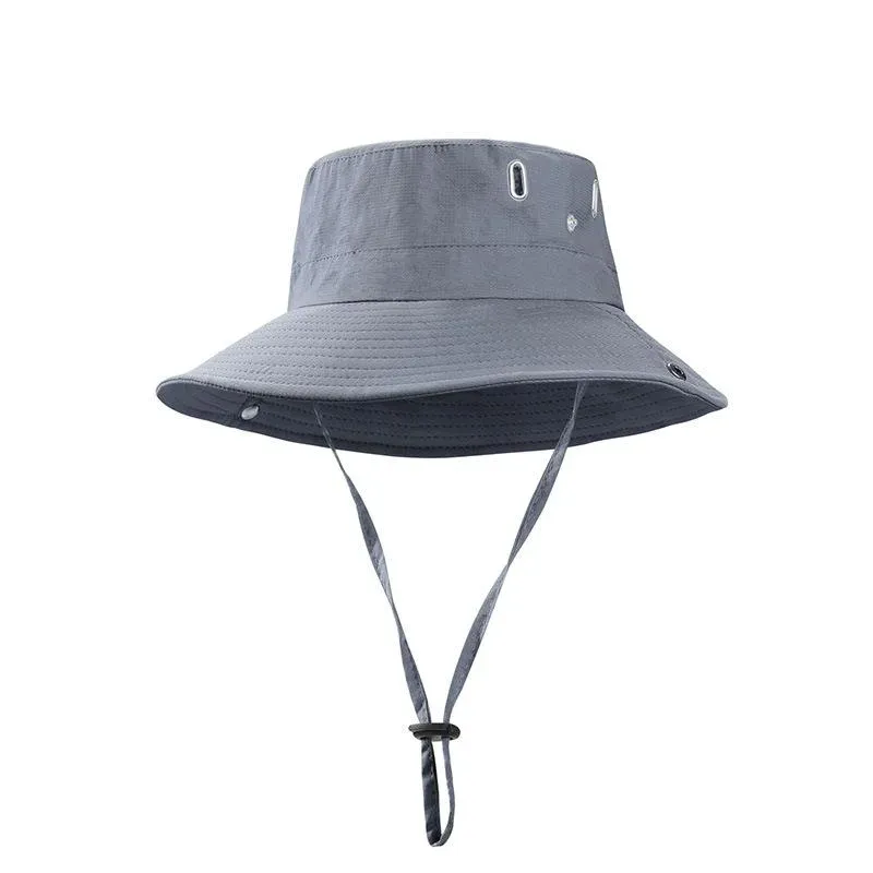 Gray wide-brim bucket hat with metal eyelets and a chin cord with cinch toggle, front view