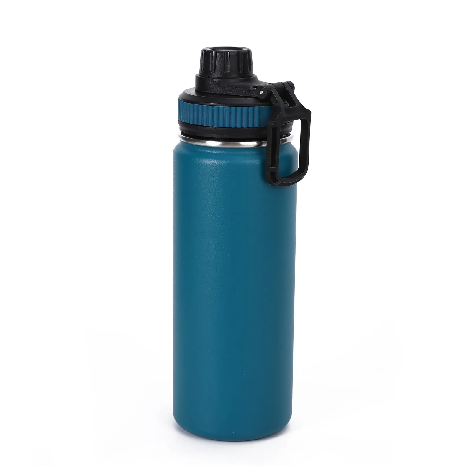 Teal stainless steel sport water bottle with a black spout cap, blue ribbed collar and black flip handle