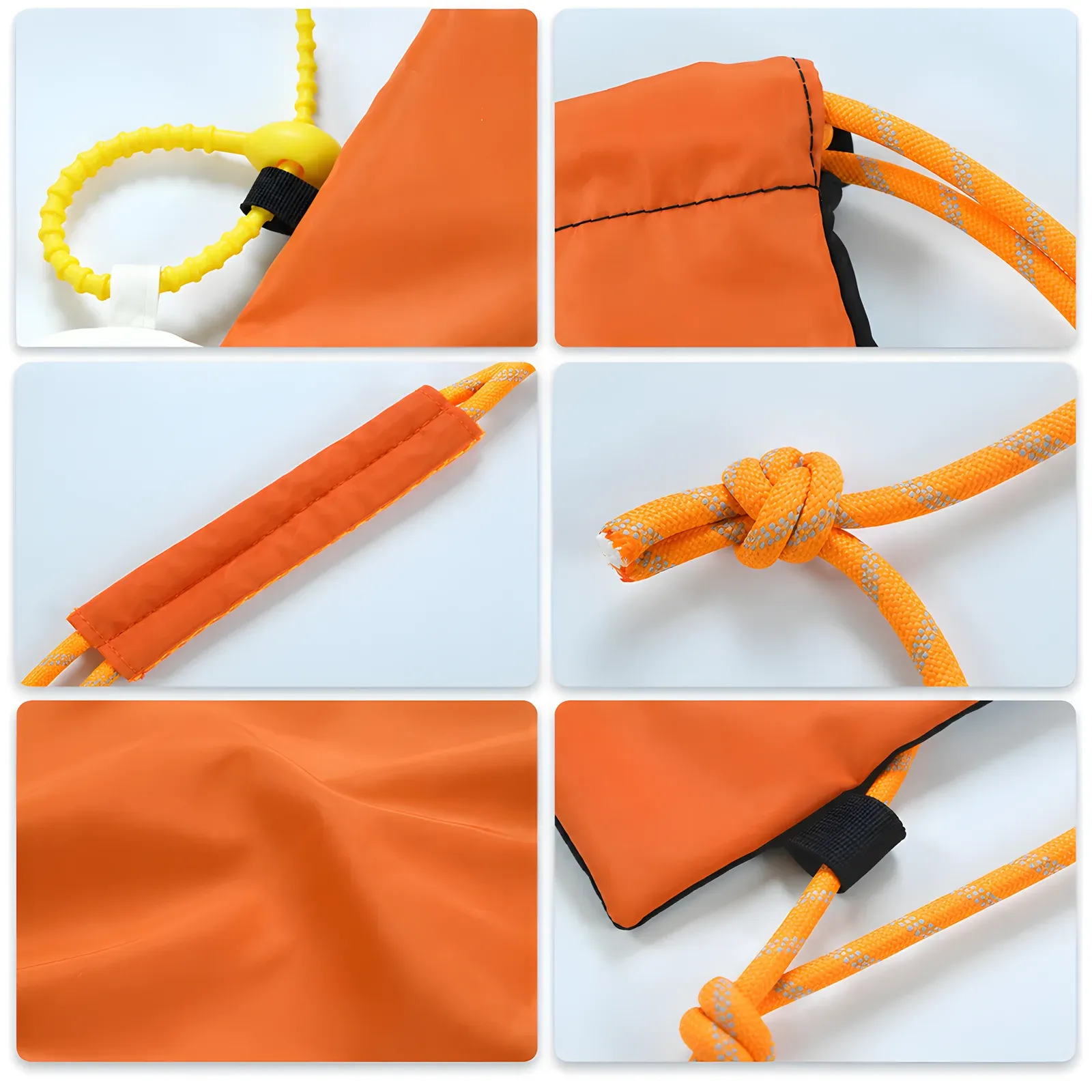 Six-panel detail collage of the nylon drawstring backpack showing coil tether, stitching, padded strap sleeve, knotted reflective cord, fabric and webbing loop