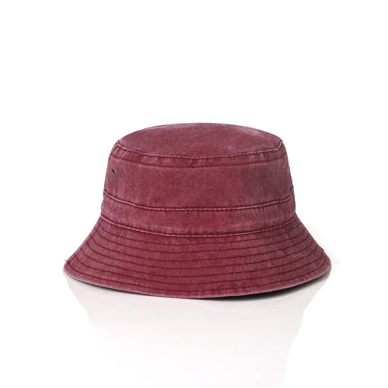 Burgundy red washed denim bucket hat with stitched brim, front view