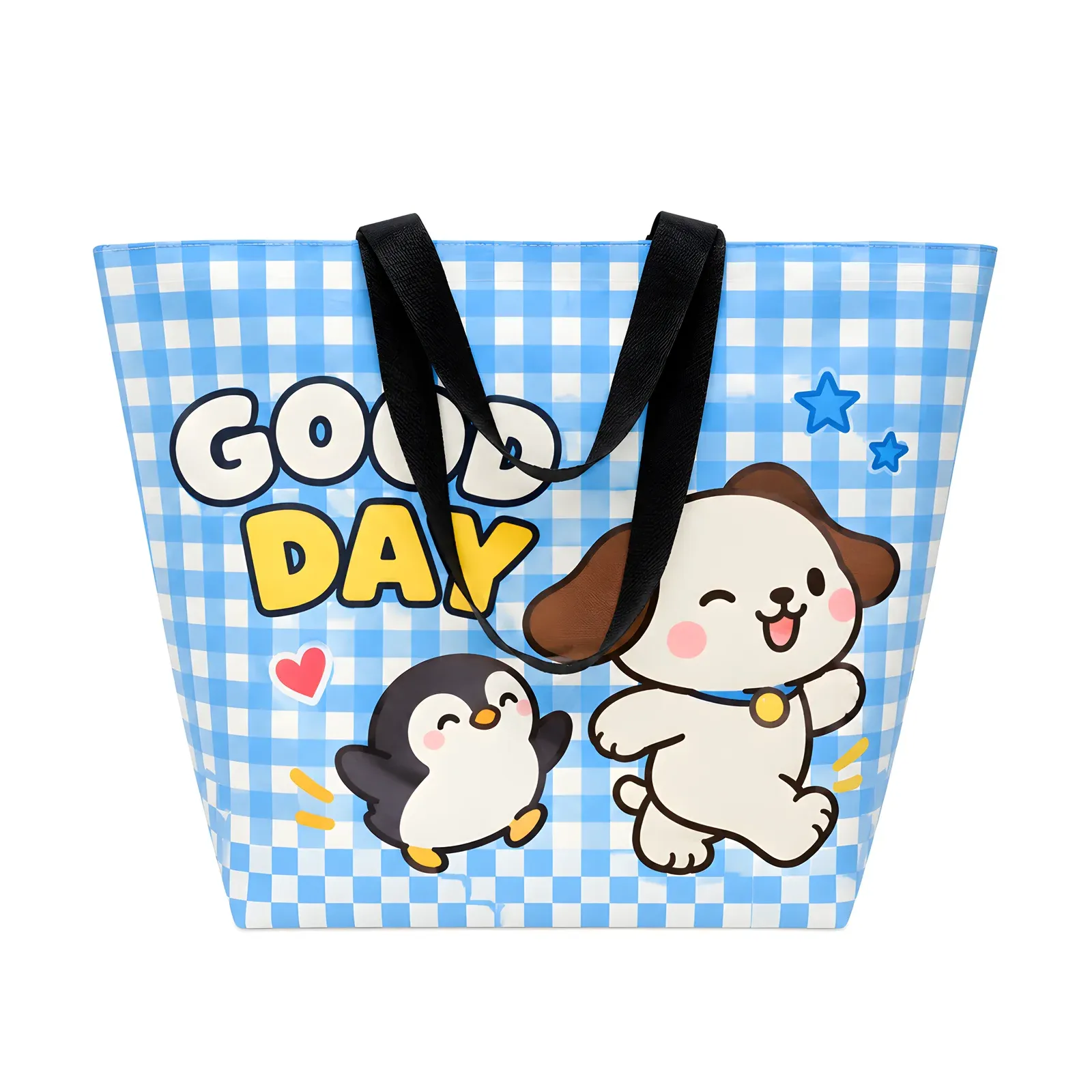 PP woven tote bag with blue gingham print, cartoon puppy and penguin artwork, Good Day lettering and black webbing handles