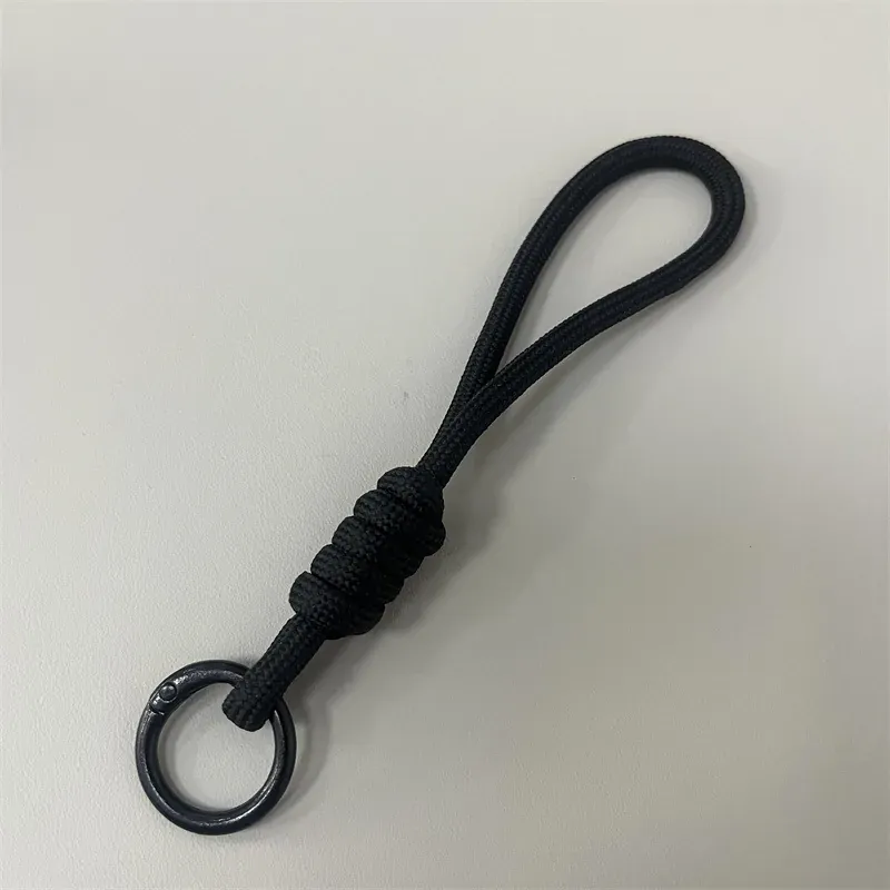 Black solid rope phone wrist strap with ring
