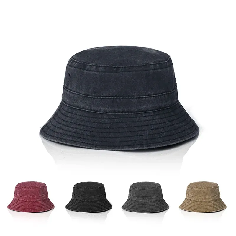 Dark grey washed denim bucket hat, front view, with a strip of four colorway hats in red, black, grey and khaki below