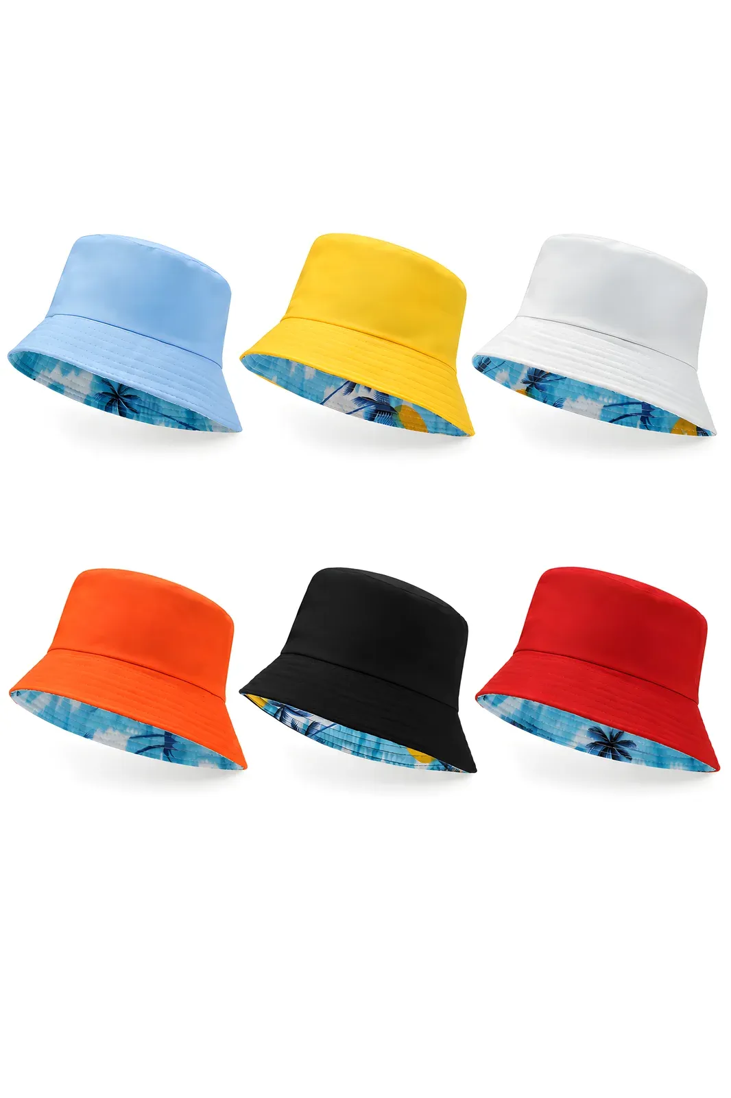 Six colorways of the reversible bucket hat in light blue, yellow, white, orange, black and red, each solid outside with a tropical palm print underside
