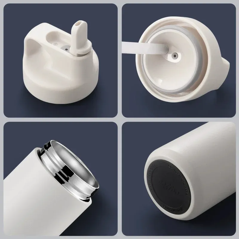 Four-panel detail collage of the minimalist water bottle: cream spout lid with carry loop, straw through the lid seal, polished stainless steel interior and black non-slip silicone base pad