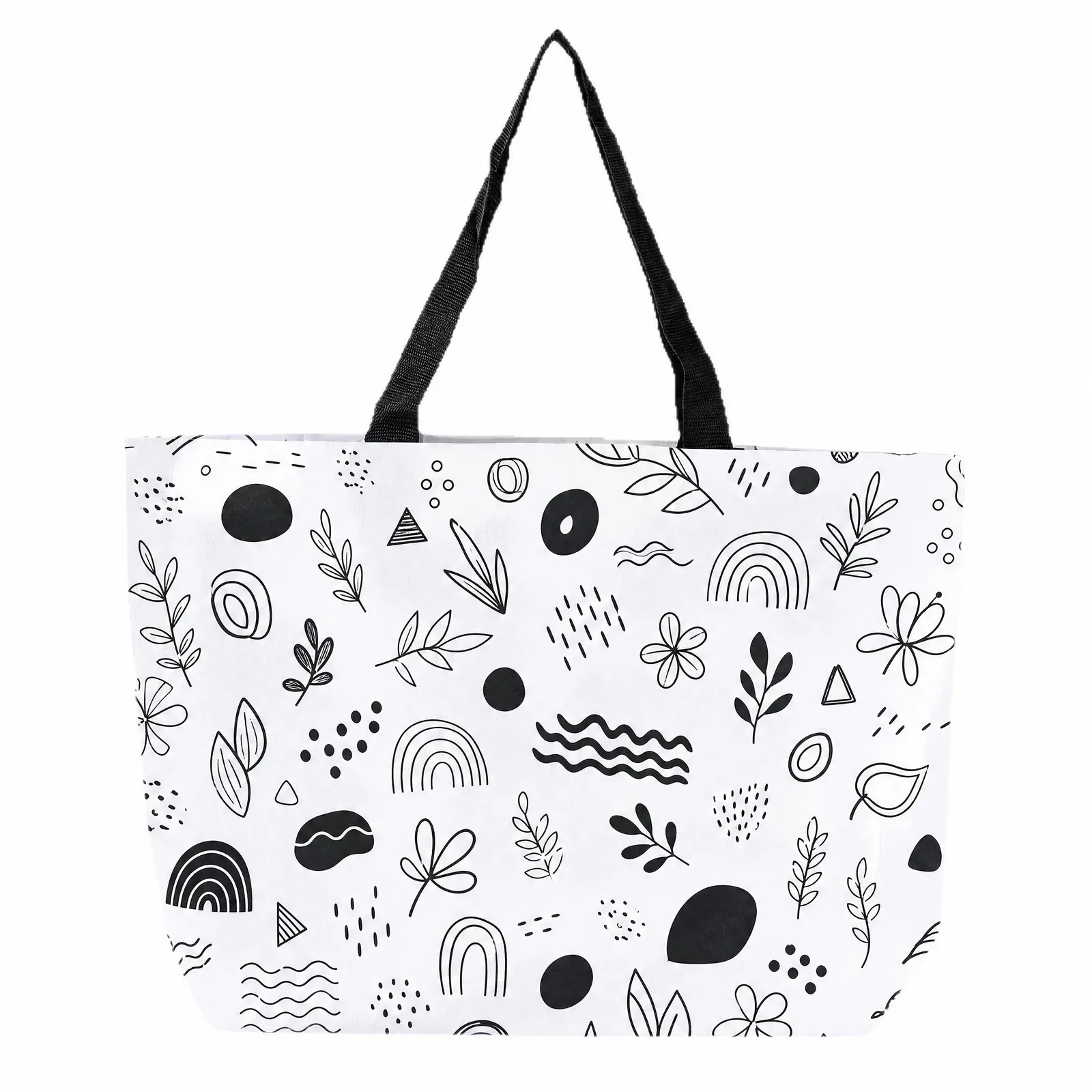 White RPET tote with all-over black doodle print and black webbing handles, front view