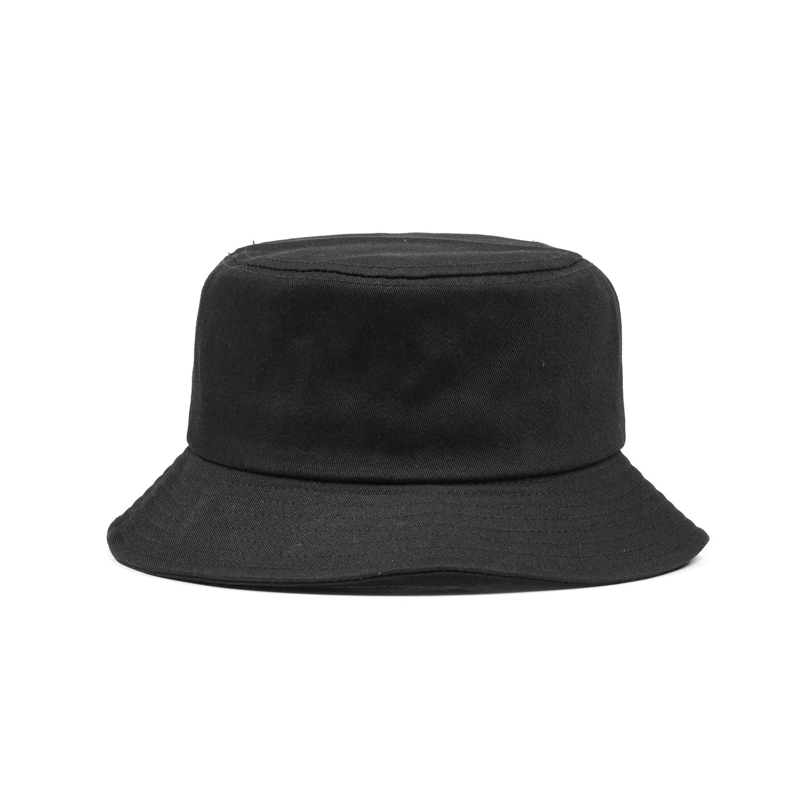 Black cotton bucket hat with unstructured crown and all-around brim, front view on white background