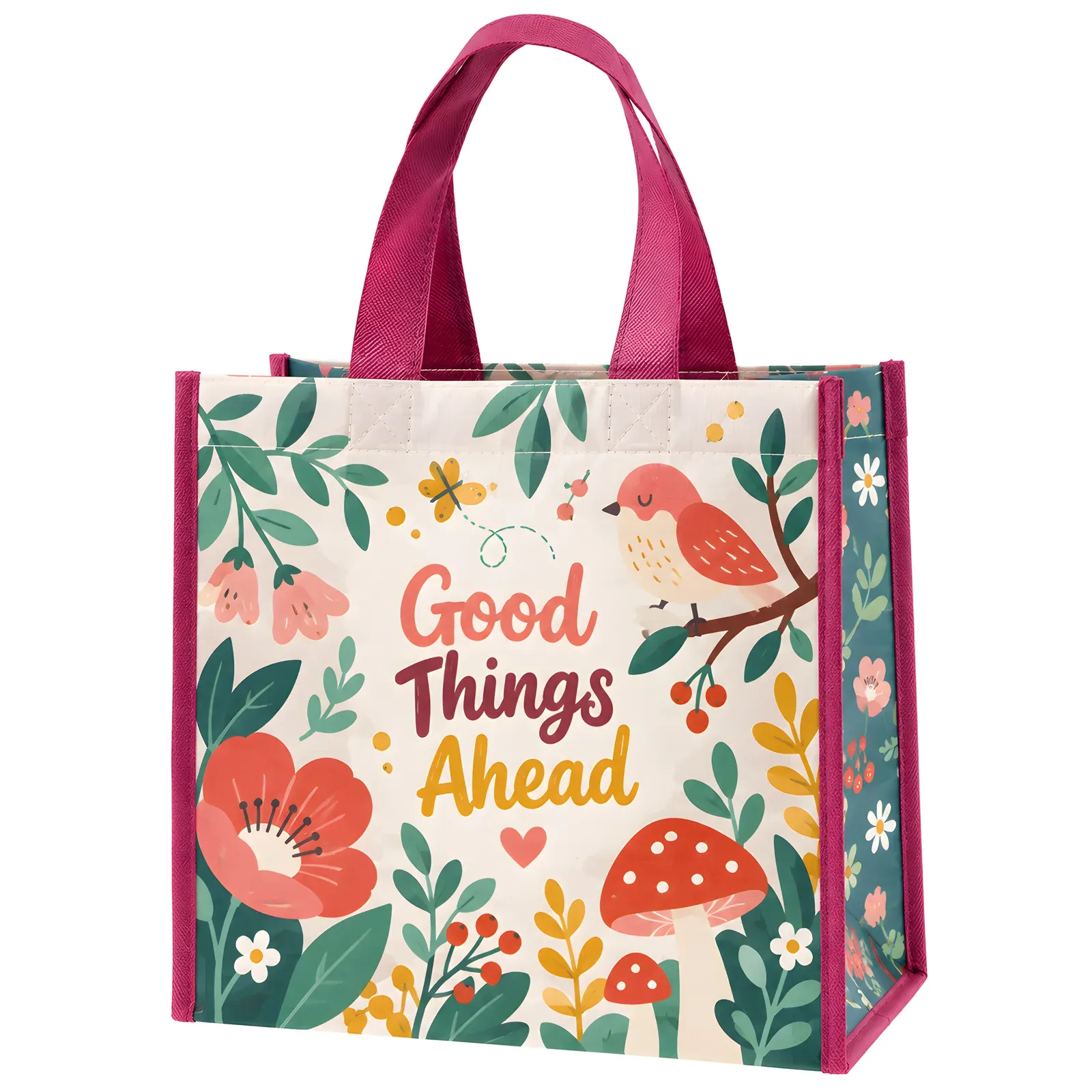 Custom PP woven tote bag with magenta handles, cream floral bird and mushroom print and Good Things Ahead slogan